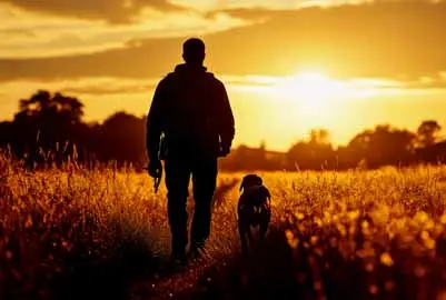 man-and-dog-at-sunset-after-the-best-time-to-hunt-deer