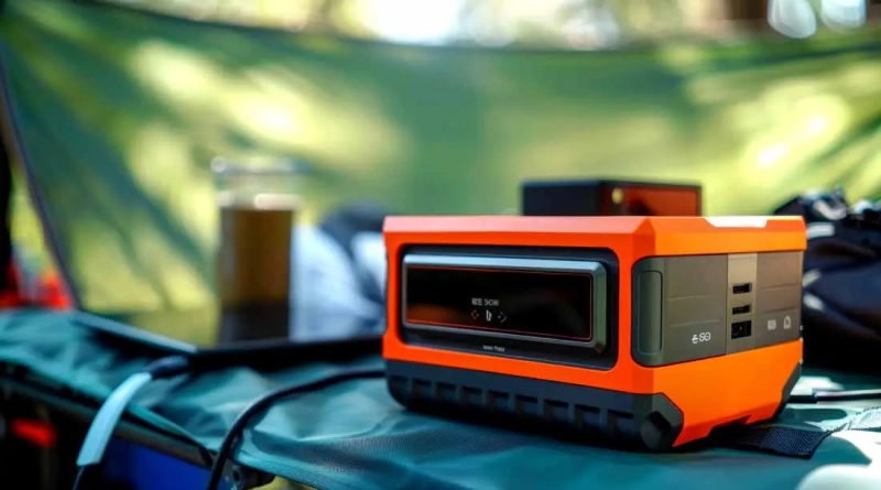 A portable power generator providing power at a campsite